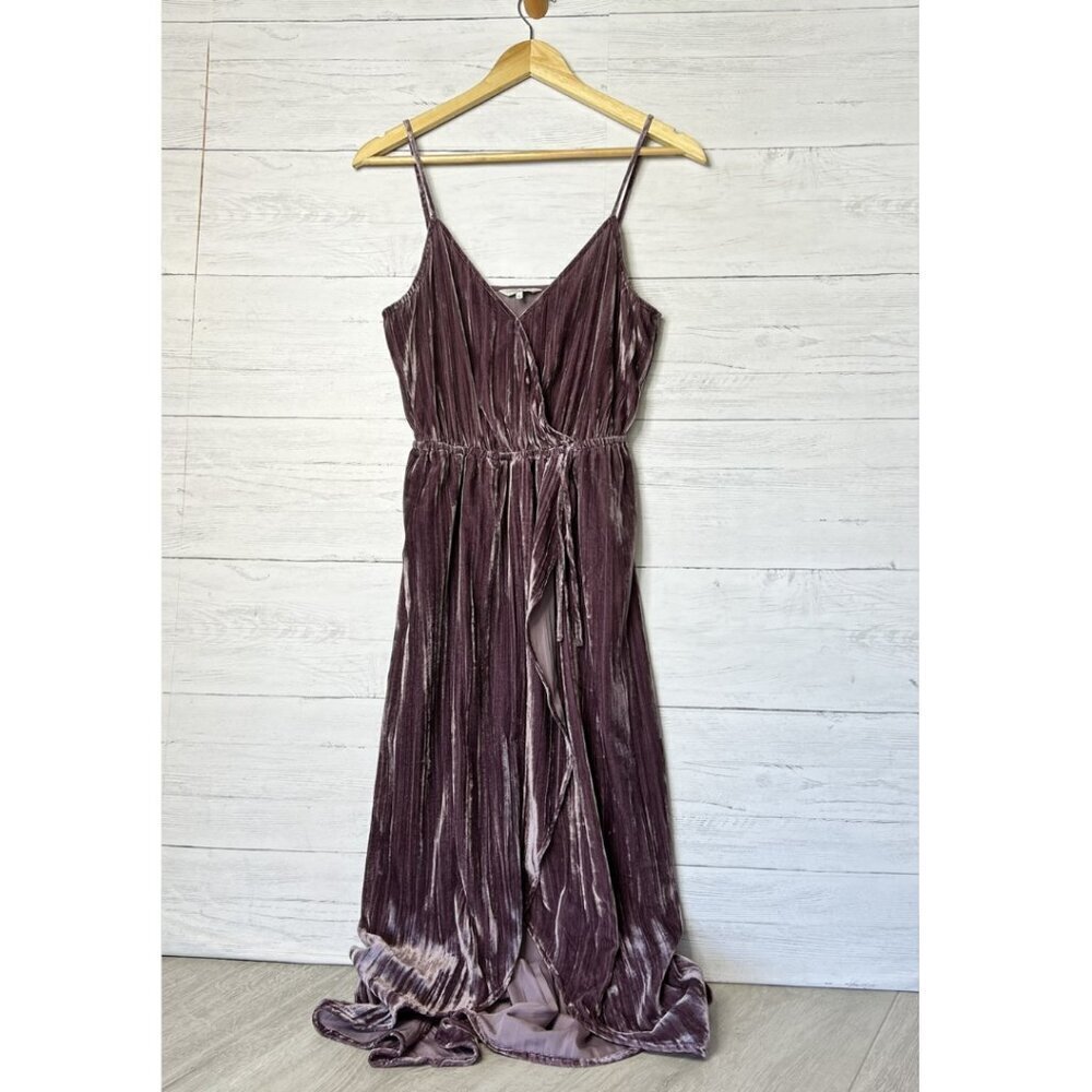Lucky Brand Dress Womens Size XS Mauve Purple Faux Wrap Velvet Maxi Tulip Hem